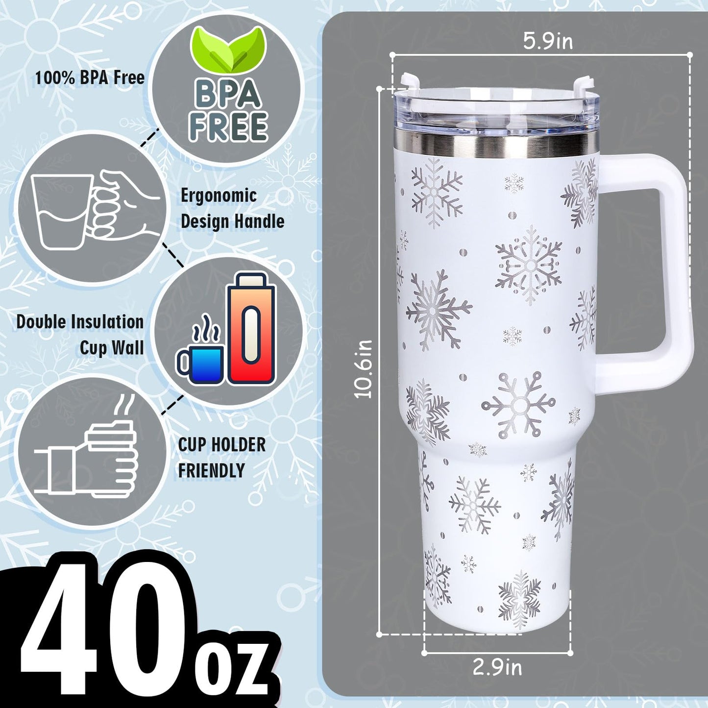 Whaline 40oz Christmas Tumbler with Handle Straw and Lid Snowflake Travel Coffee Tumbler Cup for Xmas Winter Holiday Birthday Party Gift