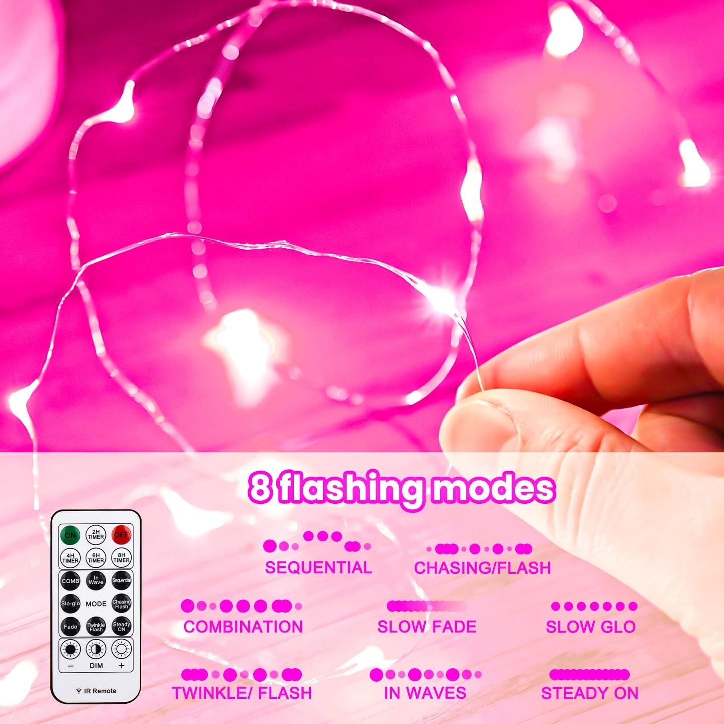 HXWEIYE 300LED Fairy Curtain Lights, 9.8x9.8Ft USB Plug-in 8 Modes Christmas String Hanging Lights with Remote for Bedroom Backdrop Wedding Indoor Wall Decor, Pink, Standard – 1 Pack