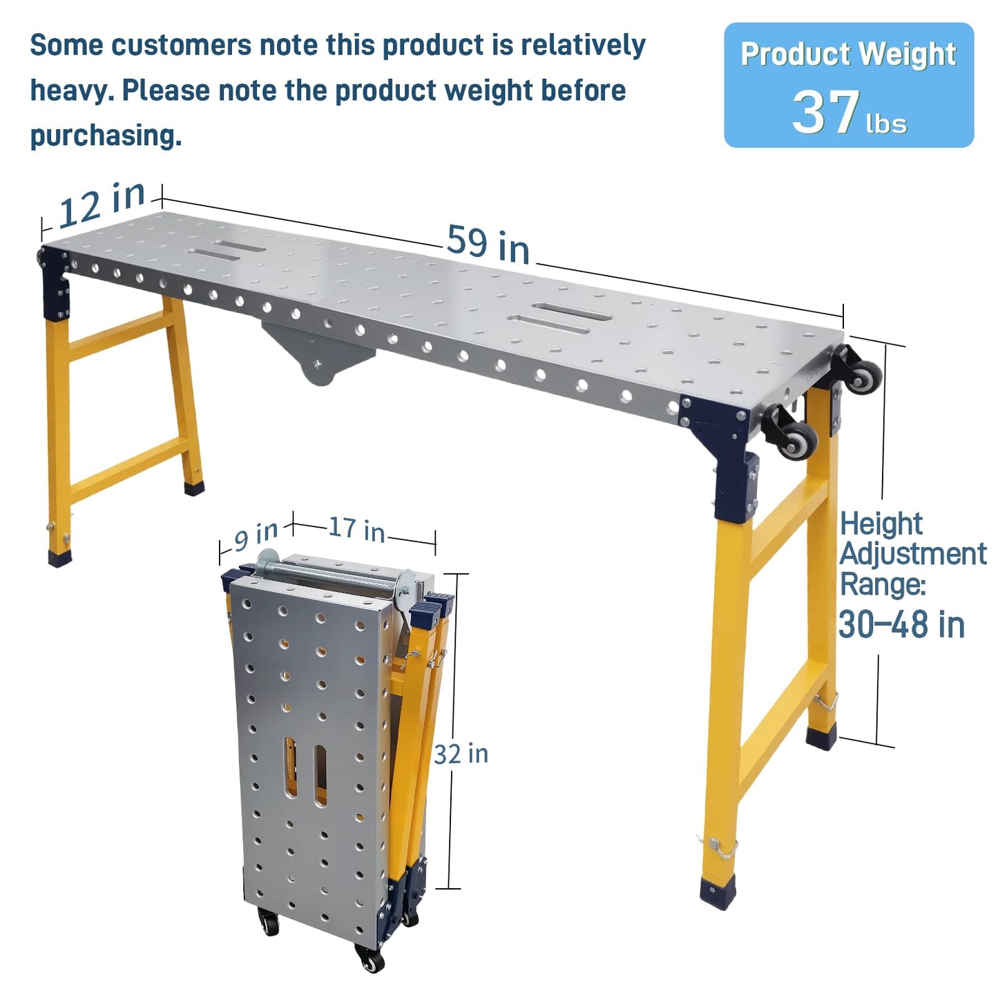 Villertech Folding Scaffolding Platform 1100 Lbs Height Adjustable Anti Slip Steel Step Ladder Stool with Galvanized Coating Anti-Slip Feet for Construction Car Washing Roof Snow Removal（59" Wide）