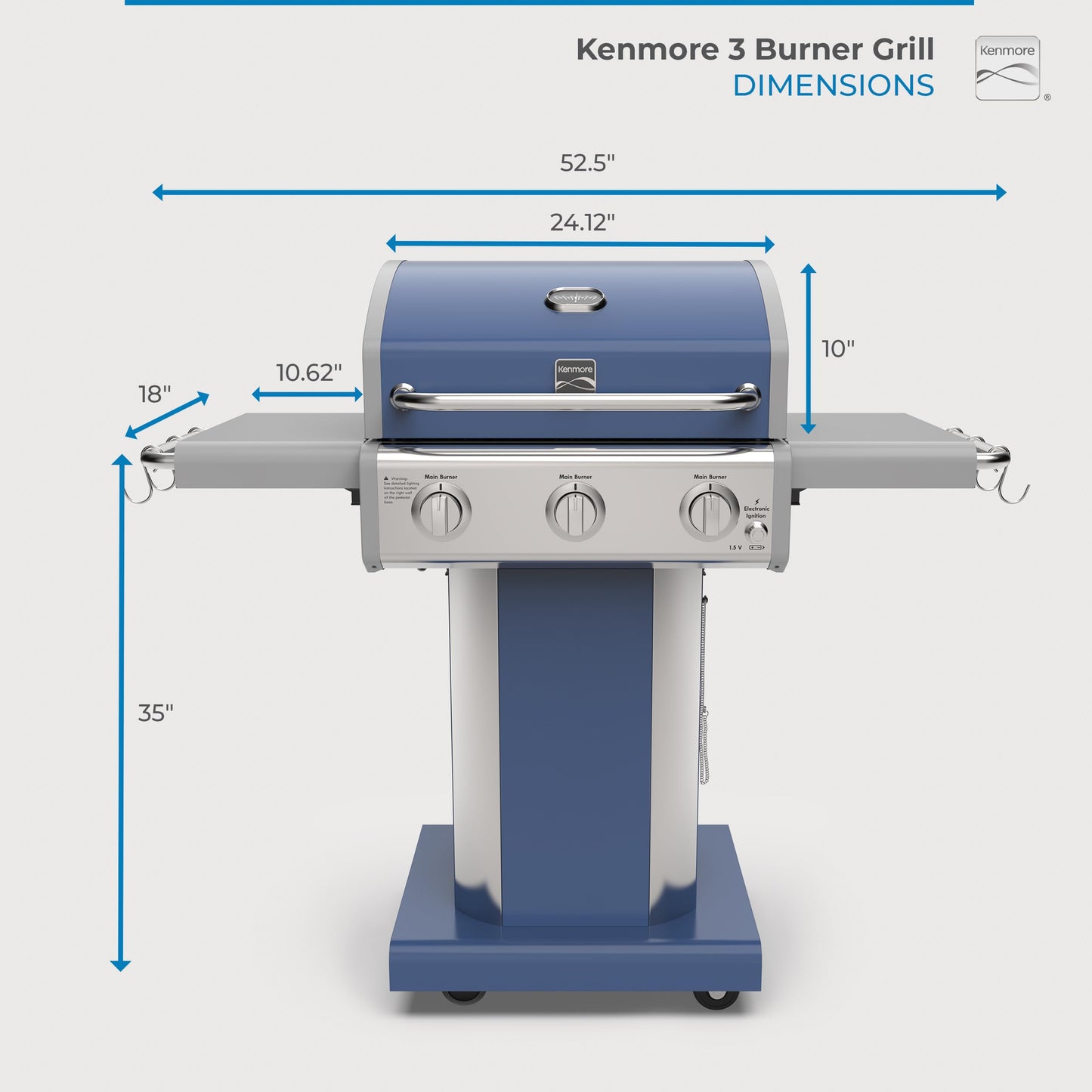 Kenmore 3-Burner Propane BBQ Grill, 30,000 BTUs Gas Grill with Cast Iron Cooking Grates, Folding Side Tables & Wheels, Outdoor Grill with Tool Hooks, Azure Blue