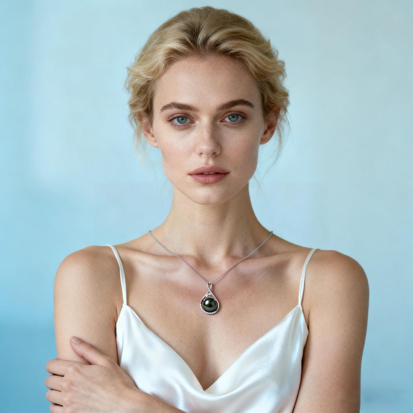 Genuine Tahitian Black Pearl Necklace - 10-11mm Seawater Pearl with Sterling Silver Infinity Moissanite Pendant, Mother Day Gift for Wife Mom Daughter, Jewelry Gifts for Anniversary Wedding Birthday