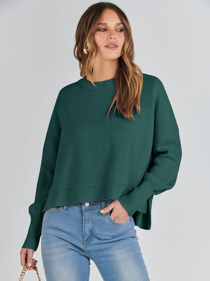 ANRABESS Womens Cropped Sweaters Oversized Crewneck Long Batwing Sleeve Side Slit Ribbed Knit Pullover Tops 2025 Fall Clothes