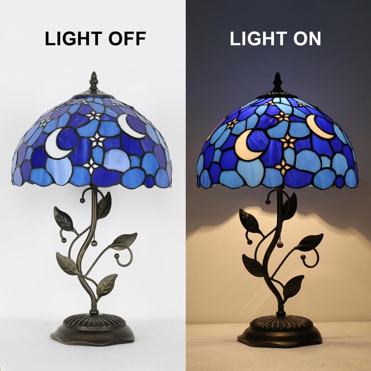 TFNTCYG Tiffany Style Table Lamp,Stained Glass Moon Table Lamp,12X12X19 Inch Reading Light, Metal Leaf Base Antique Glass Desk Decor Lamp.