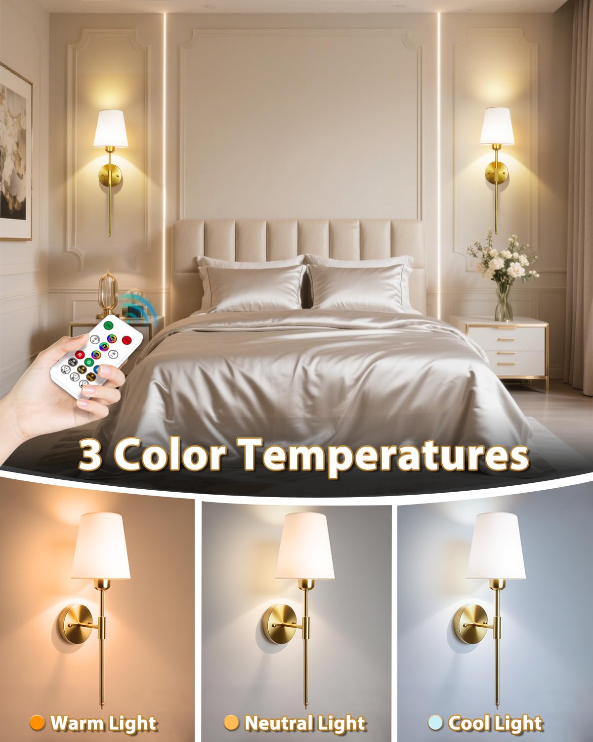 Adetu Wall Sconces Set of Two, Battery Operated Wall Sconce with 10000mAh RGB Dimmable Magnetic Bulbs and Remote, Rechargeable Wall Lights for Bedroom Living Room Hallway Decor