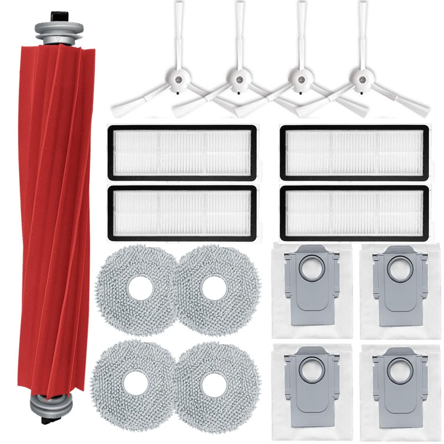 Accessories Kit Compatible with Roborock Qrevo S/Qrevo Maxv/Qrevo S/Qrevo Plus Robtic Vacuum Cleaner,17 Spare Parts,1 Main Brush Roller,4 Side Brushe,4 Mop Pads,4 Dust Bags,4 Hepa Filters (White-17)