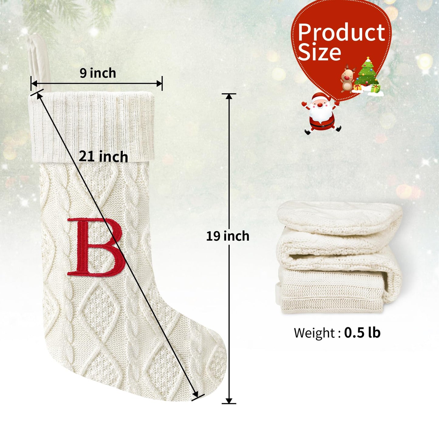 Yoochee 21 Inches Knitted Christmas Stockings with Initials, Large White Custom Monogram Embroidery Christmas Stockings with Letter, Personalized Xmas Decoration for Holiday Family Party-B