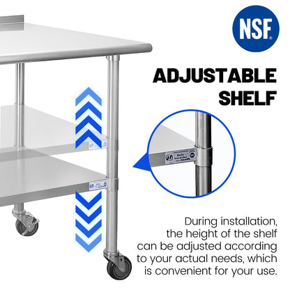 Hally Stainless Steel Table for Prep & Work 24 x 48 Inches with Caster Wheels, NSF Commercial Heavy Duty Table with Undershelf and Backsplash for Restaurant, Home and Hotel