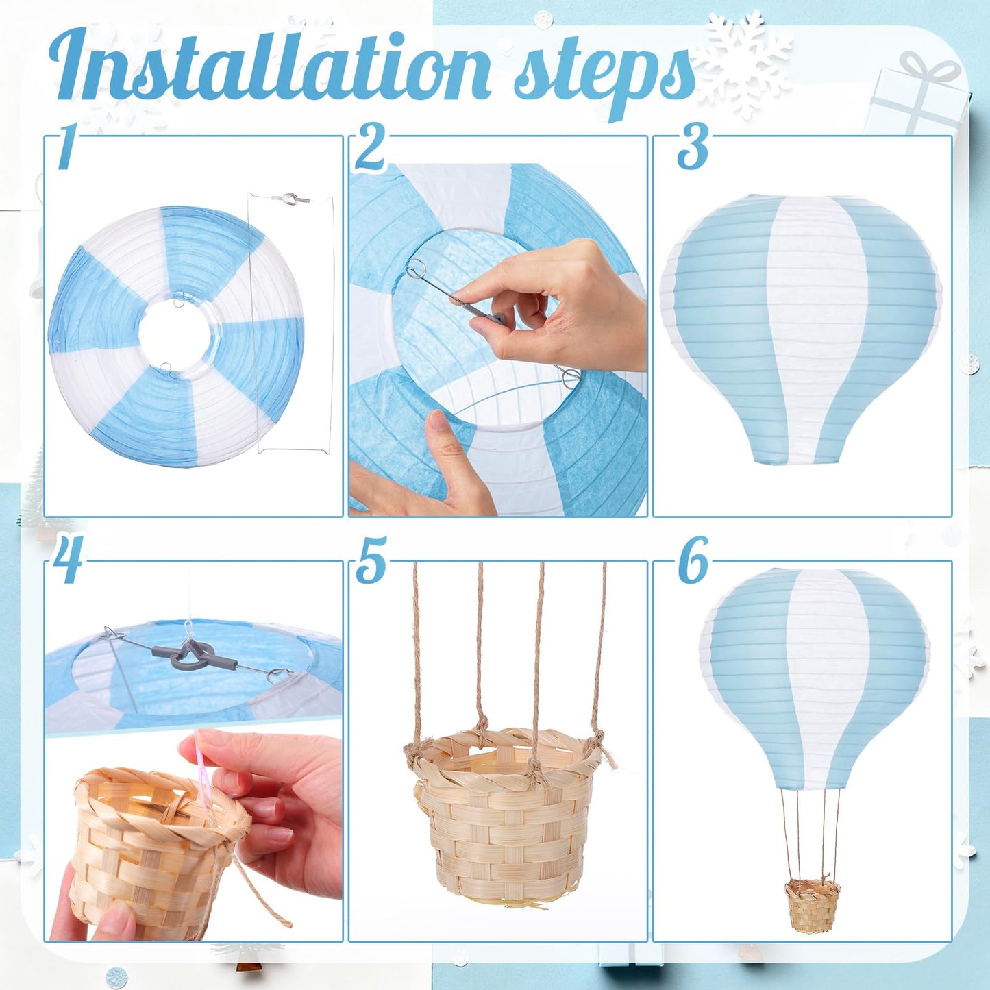Meooeck 2 Pcs Hanging Hot Air Balloon Nursery Decor 15.7 Inch Paper Hot Air Balloon Centerpieces Reusable Paper Lanterns Set for DIY Craft Wedding Birthday Christmas Living Room Home, Blue White