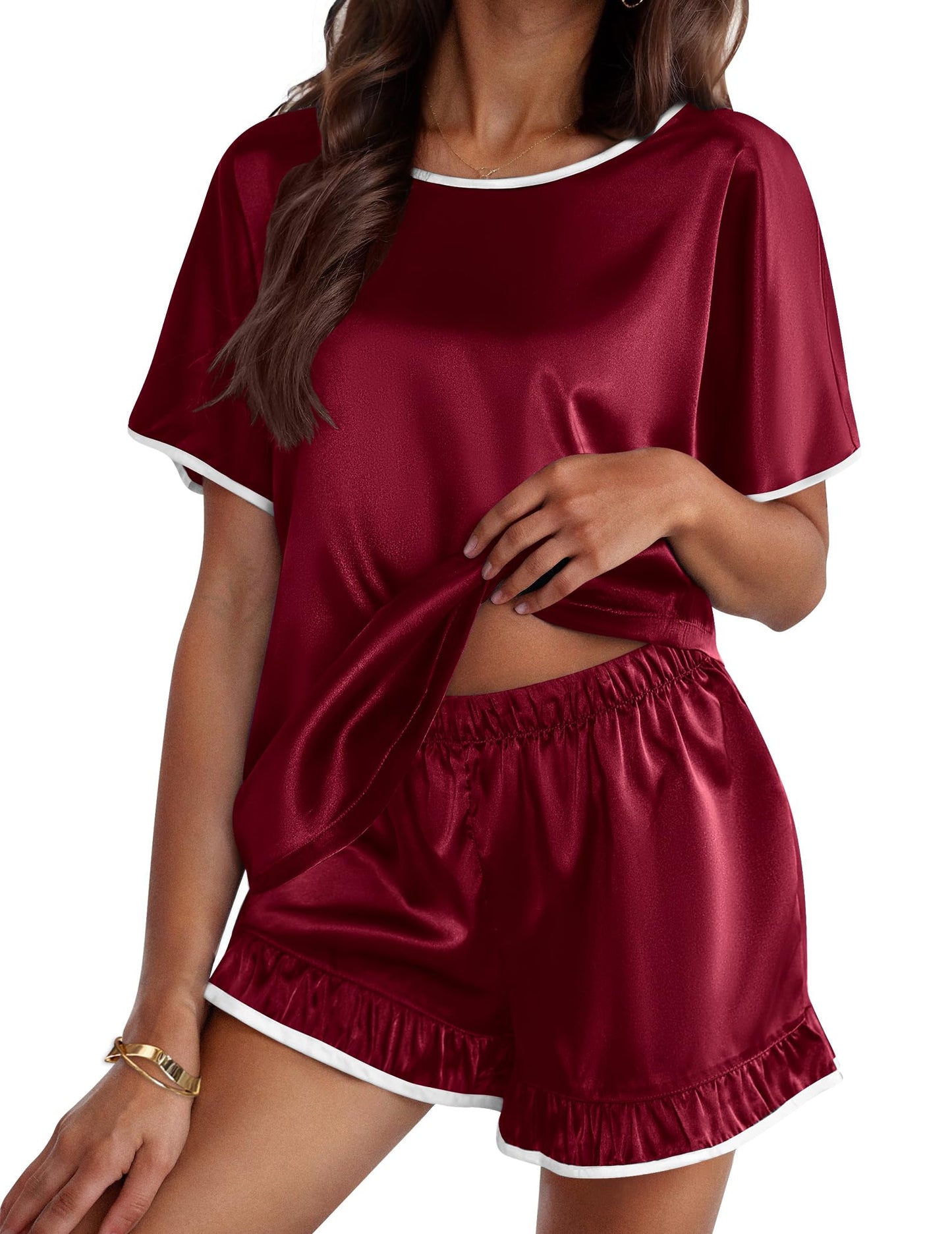 Ekouaer Satin Pajama Set for Women 2 Piece Silk Pjs Soft Short Sleeve Sleepwear Top with Ruffle Shorts S-XXL