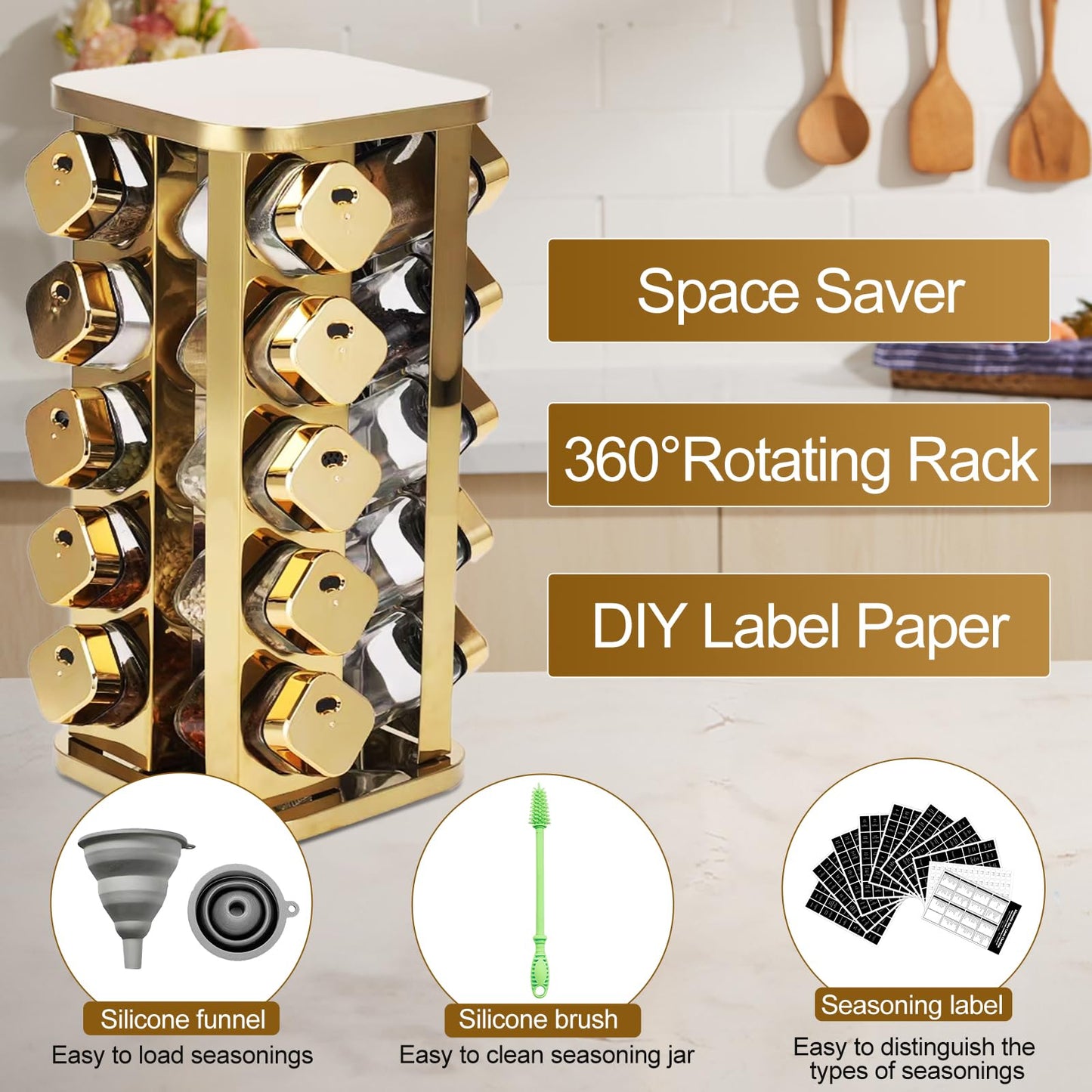 THYEUISM Kitchen stainless steel spice rack with 20 food grade glass cans-275 spice label-rotating vertical bracket and countertop seasoning rack cabinet tower storage rack (golden, 20)