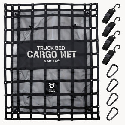 Black Taurus Heavy Duty Mesh Cargo Net – Stretchable Mesh Cargo Net for Trailer, Roof Rack, Pickup Truck, and ATV - Truck Bed Netting for Secure Load with 4 Adjustable Straps - 4.75 ft x 6 ft