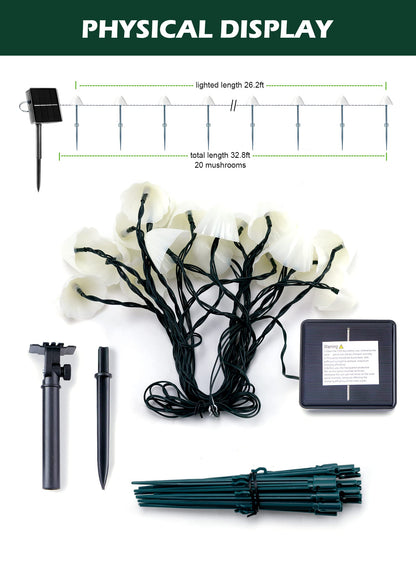 Solar Mushroom Garden Lights for Outside, 20 LED 32.8FT Solar Pathway Lights Outdoor Waterproof for Fence with 8 Lighting Modes for Patio Yard Decorative