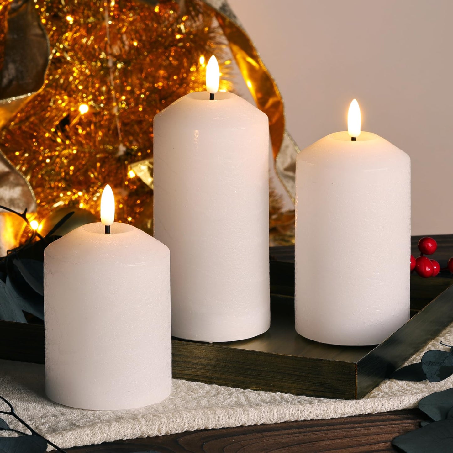 Girimax White Flameless Pillar Candles with Remote, Real Wax LED Candles Battery Powered Flickering Set of 3