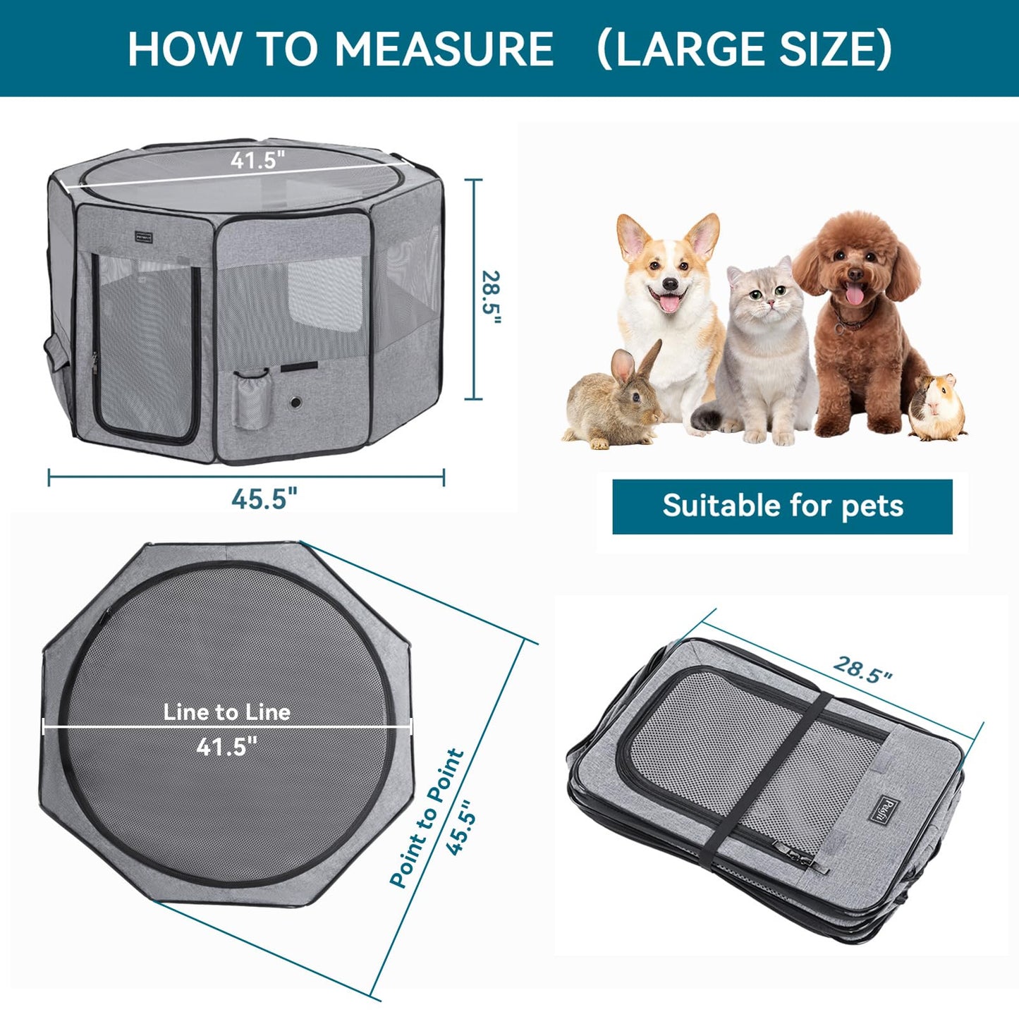 Petsfit Portable Dog Playpen for for Large Dogs/Cat/Rabbit/Chick, with Water Bottle Holder and Carrying Case, for Travel/Indoor/Outdoor Use, Large (45.5"x45.5"x28.5")