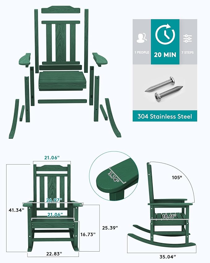 SERWALL Outdoor Rocking Chair Set of 4, Patio Rocking Chairs Set, HDPE Rocking Chair Outdoor for Adults, Heavy Duty Front Porch Rocker, Green