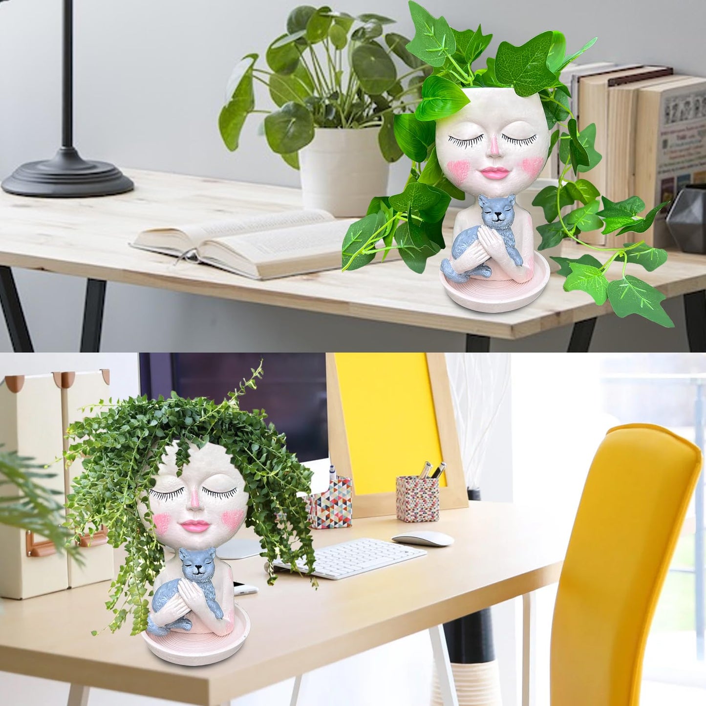 ASDFG Head Planter with Drainage Hole, Resin Art Vase, Cute Lady Hugging Cat Succulent Flower Pots, Unique for Indoor Outdoor Decor, 7.28in