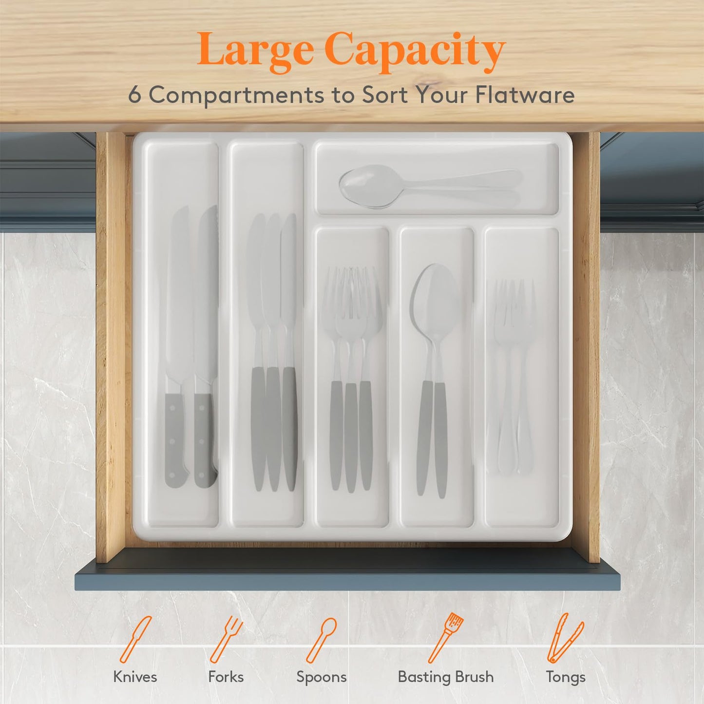 Lifewit Silverware Organizer with Lid, Covered Utensil Tray for Kitchen Drawer and Countertop, Plastic Cutlery and Flatware Storage Box for Spoons Forks Knives Holder Case, 6 Compartments, Black