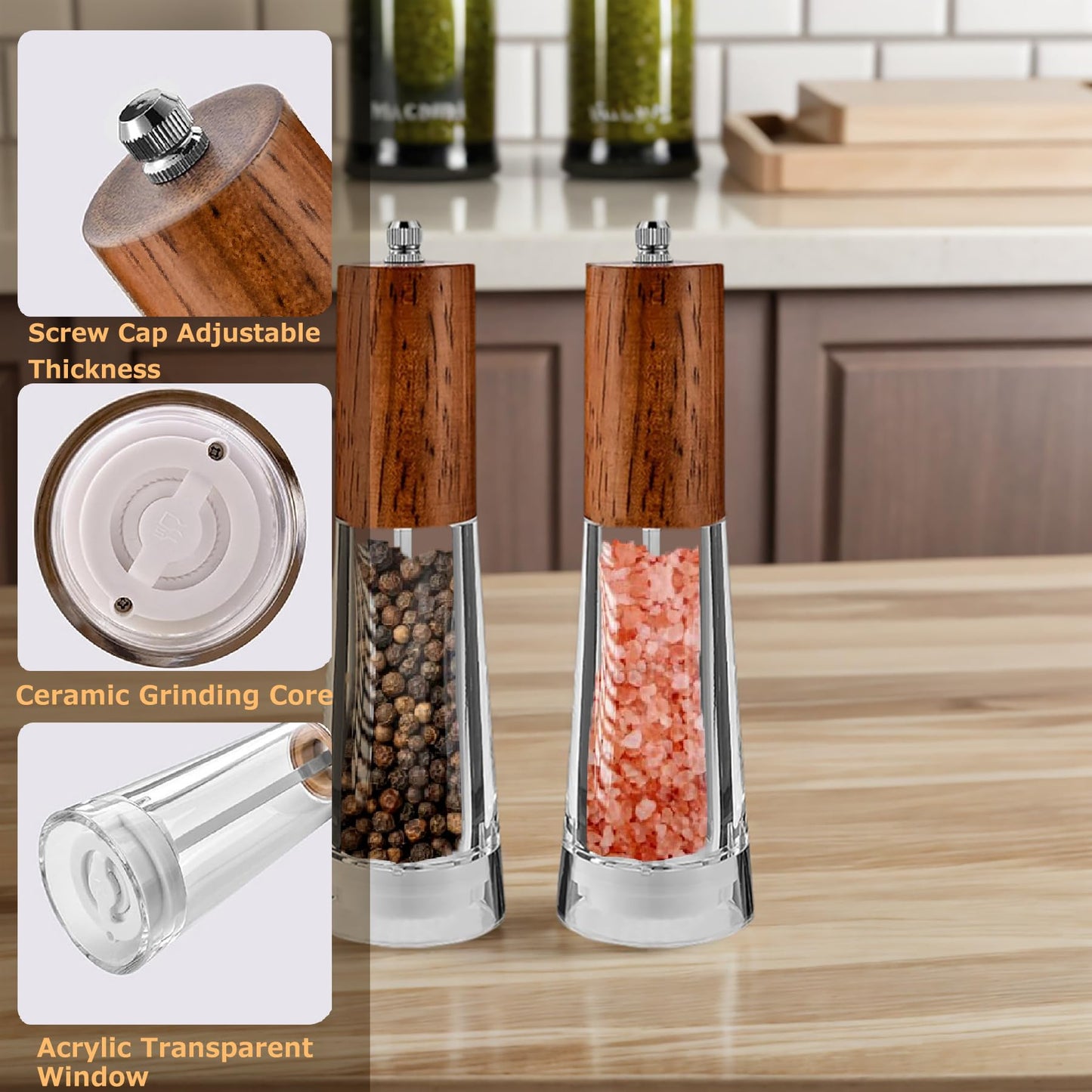 Salt and Pepper Grinder Set, Acrylic Pepper Mill with Adjustable Coarseness Wooden Pepper Grinder, Manual Salt Shake Refillable for Kitchen, Pack of 2 (Dark Wood)