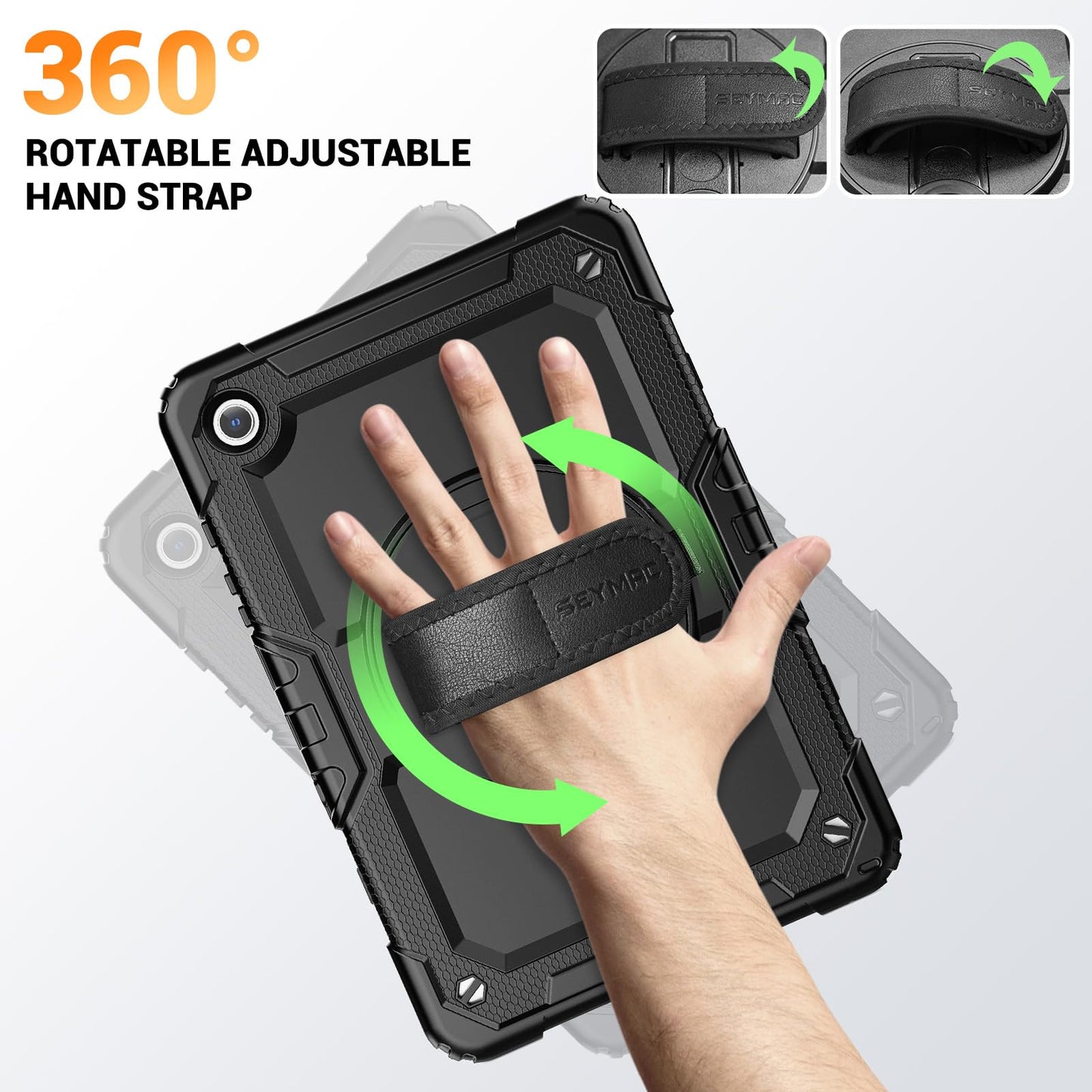 SEYMAC Case for Samsung Galaxy Tab A9 Plus 11 inch 2023, Shockproof Protective Galaxy A9 Plus Tablet Case With Screen Protector/Hand Strap/Rotating Stand,SM-X210/SM-X216/SM-X218 Case, Black