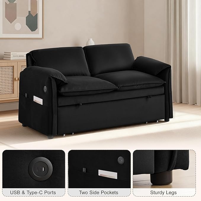 63" Velvet 3 in 1 Convertible Sleeper Sofa Bed, Pull Out Couch Bed Loveseat