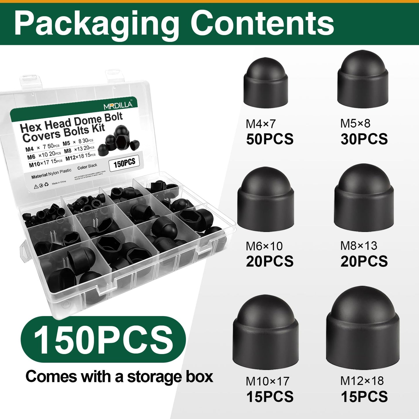 150 Pcs Metric Plastic Bolt Caps, Hex Head Dome Covers for M4–M12 Bolts, Waterproof Dustproof Protective Nut End Caps