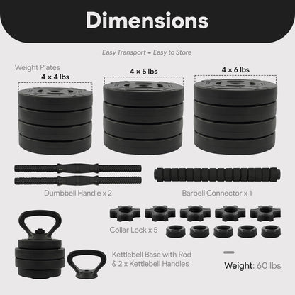 Fitvids Adjustable Dumbbell Set, 60lbs Free Weights Set with Connector, 4 in 1 Changeable Dumbbells and Barbell for Exercise and Fitness, Black/Black
