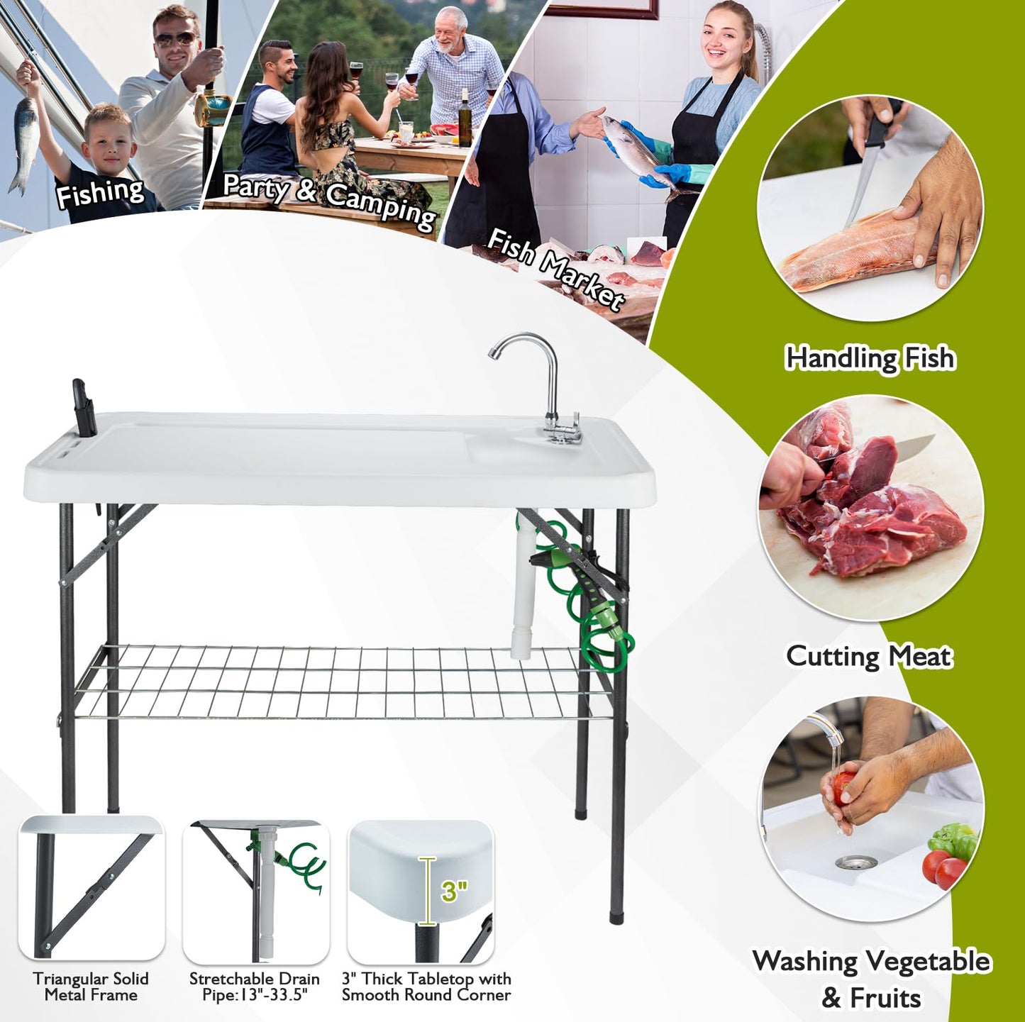 Avocahom Folding Fish Cleaning Table Portable Camping Sink with Faucet Drainage Hose & Sprayer Outdoor Fillet Station Grid Rack Knife Groove for Picnic Fishing, Black