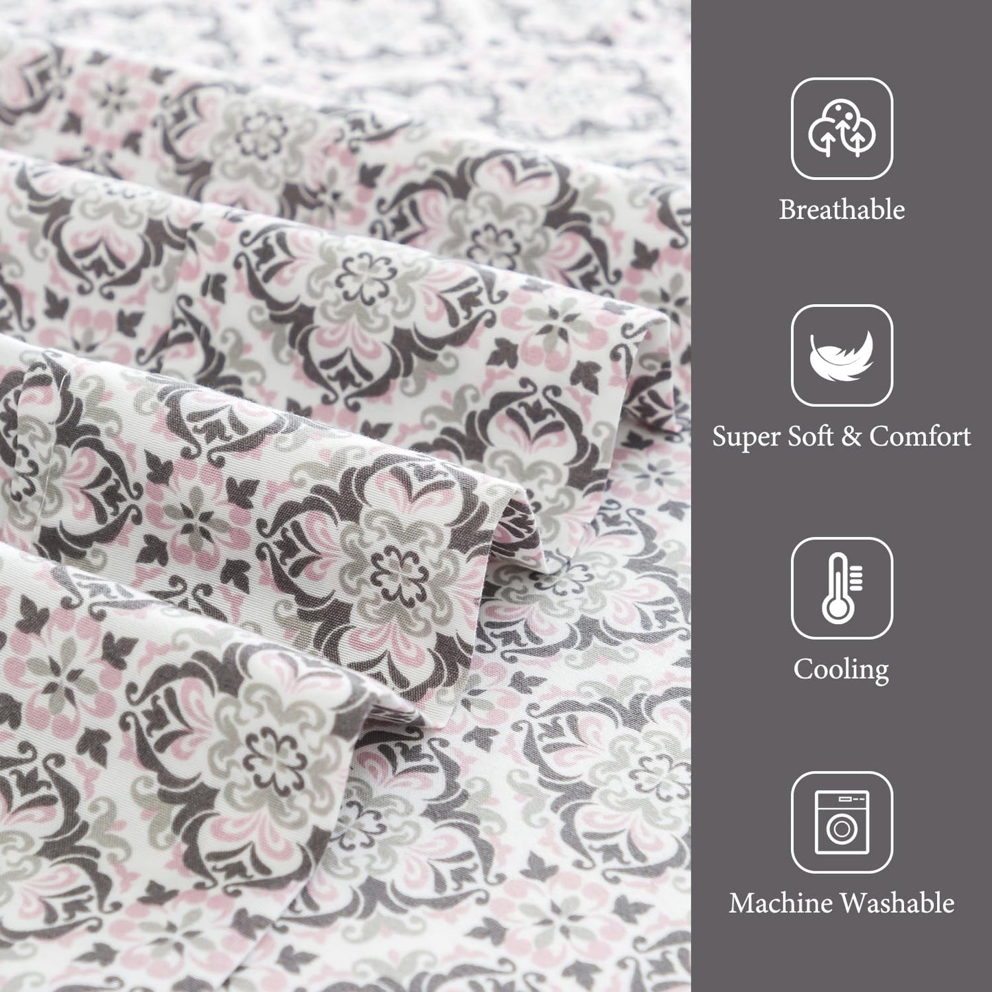 KaceMoo King Sheet Set 4PC Printed Sheets Beige Floral Pattern Boho Sheets Cooling Deep Pocket Microfibe Bed Sheet King Size, Luxury, Soft, Breathable, Hypoallergenic, Wrinkle Free for Kids Room, Dorm