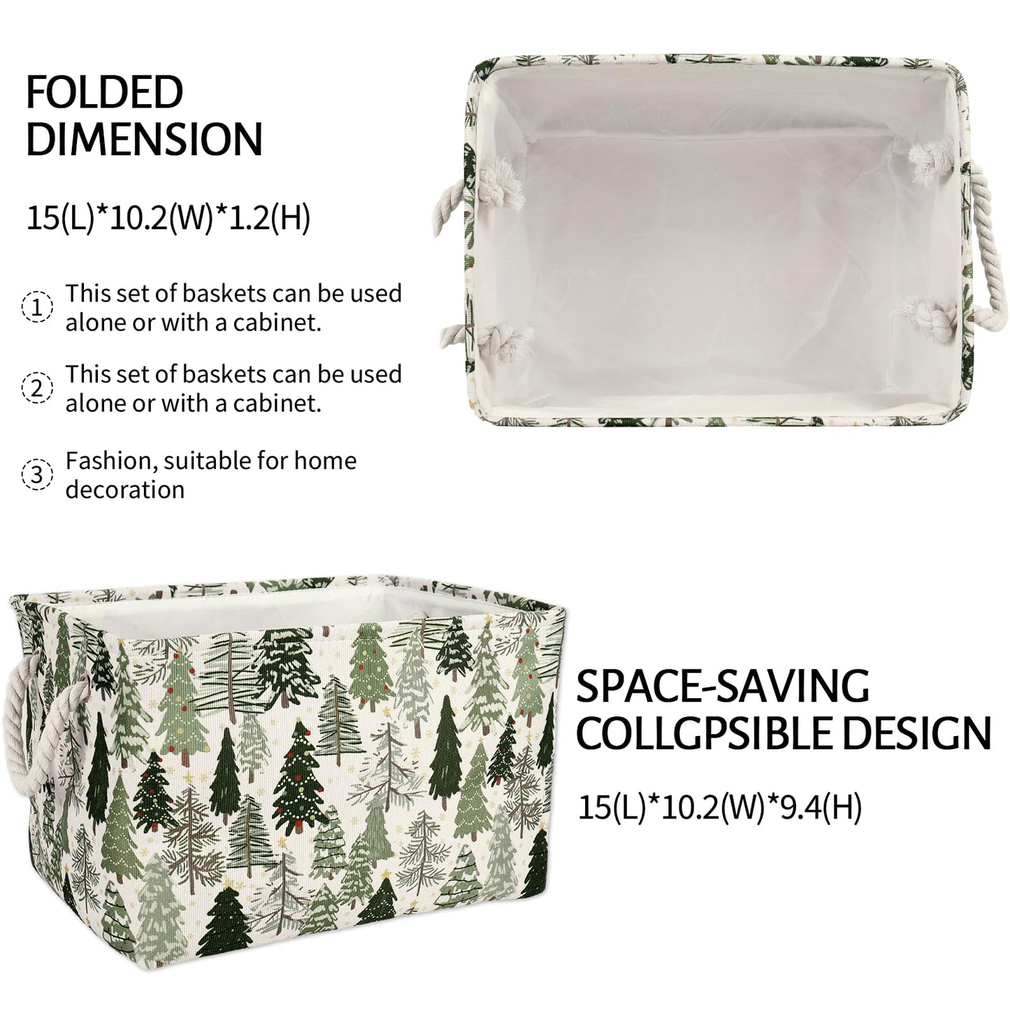 JarThenaAMCS 2Pcs Christmas Rectangle Storage Basket 15 x 10.2 x 9.4 In Xmas Pine Tree Foldable Open Toy Organizer Bag with Handle Large Laundry Dirty Cloth Storage Bin for Bedroom Shelves Closet