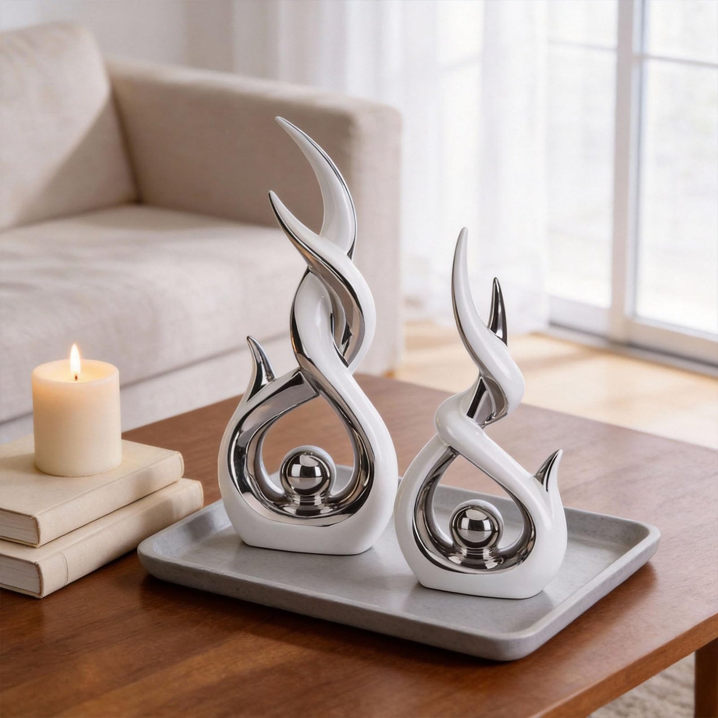 LCCCK White and Silver Abstract Ceramic Sculpture Set of 2 Modern Electroplated Figurines Decorative Statues for Living Room Shelf Mantel Tabletop Home Decor Housewarming Gift