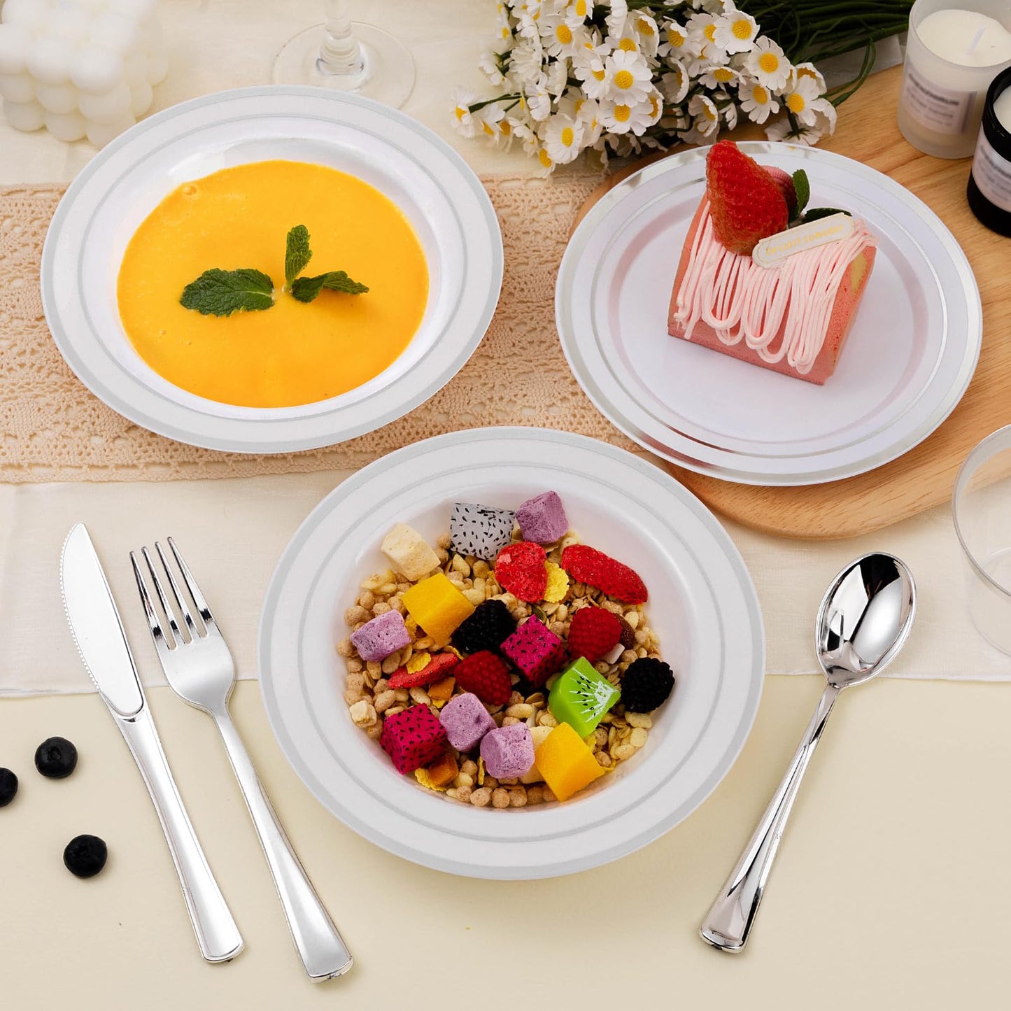 BESTSTAR 100 Pack Disposable Soup Bowls with Silver Rim, 12oz Premium Heavy Duty Plastic Dinner Bowls for Party, Wedding and Holiday