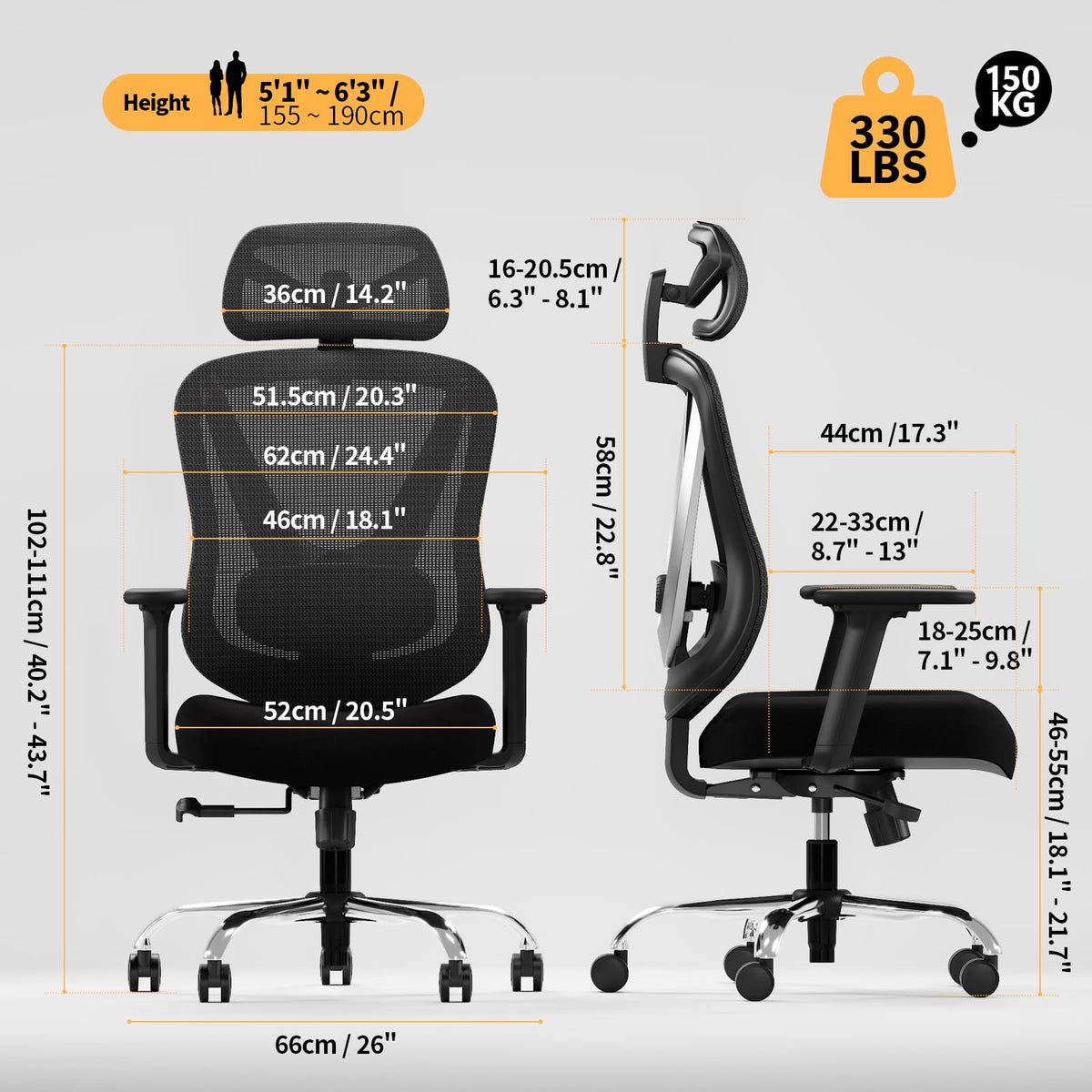 HOLLUDLE Ergonomic Mesh Office Chair - 3D Adjustable Lumbar Support & 3D Armrests, V-Shaped Back, Adjustable Desk Chair for Office & Home, Black