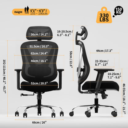 HOLLUDLE Ergonomic Mesh Office Chair - 3D Adjustable Lumbar Support & 3D Armrests, V-Shaped Back, Adjustable Desk Chair for Office & Home, Black
