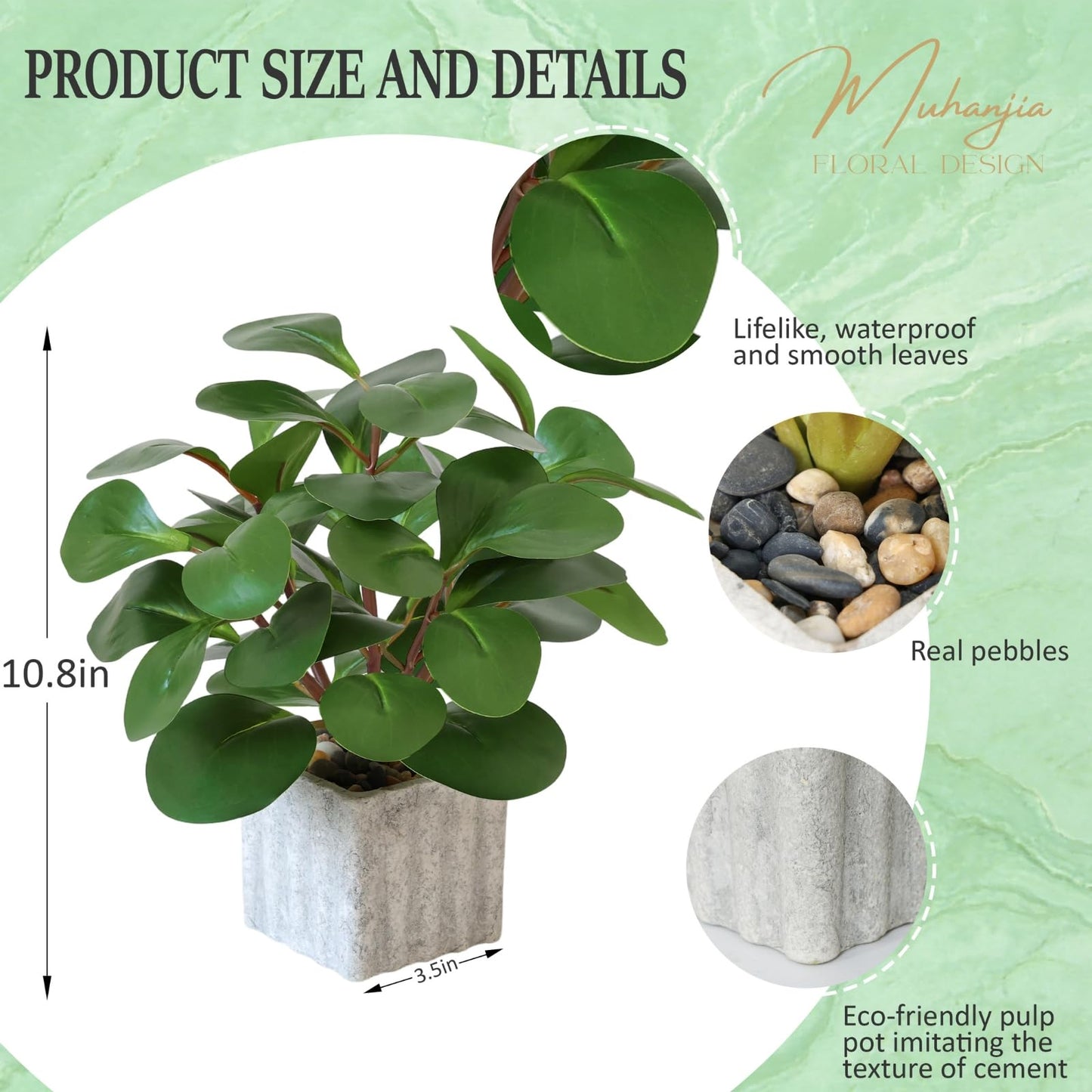 Muhanjia Artificial Potted Plant, Lifelike Faux Greenery in Decorative Cement-Look Square Pot for Indoor Home Decor Centerpieces (Peperomia)