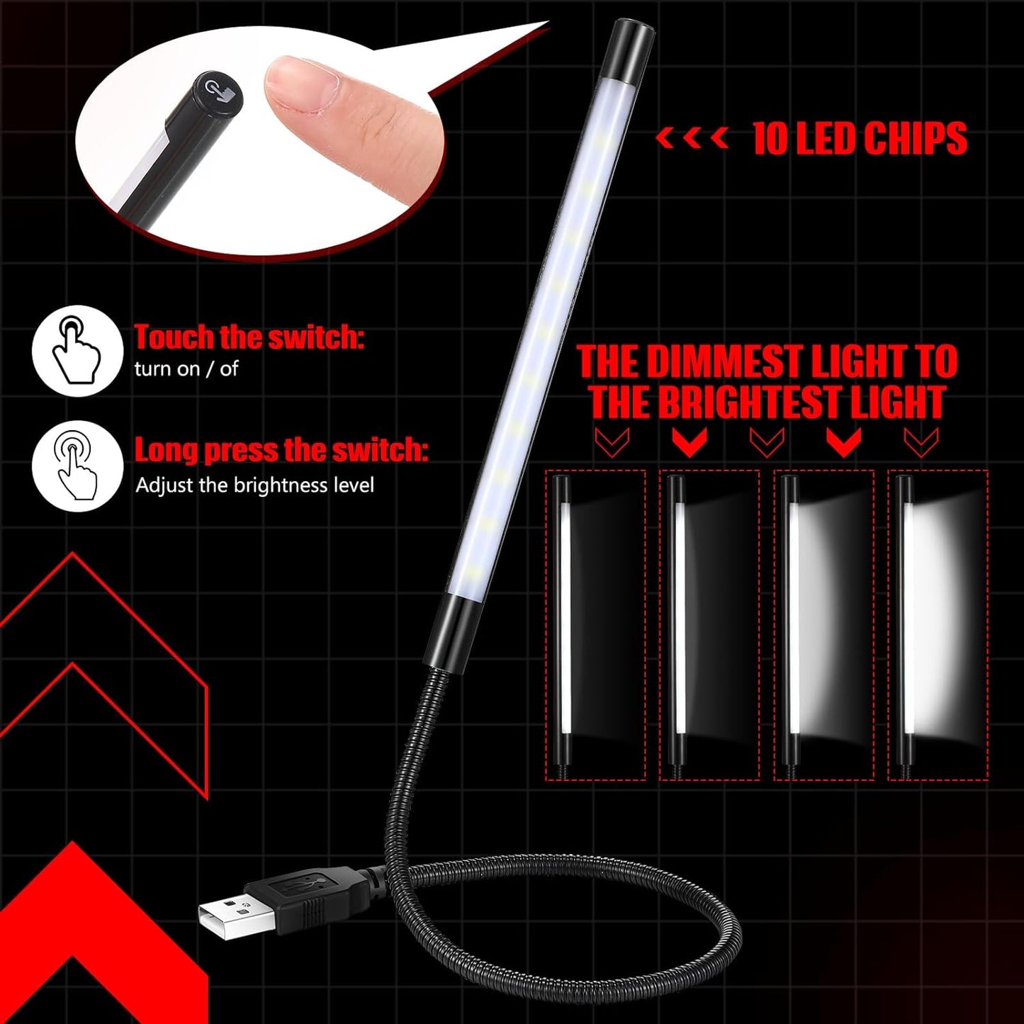 2 Pieces USB LED Light for Laptop Keyboard Gooseneck Light Computer Lamp Flexible Stick Dimmable LED Lamp Touch Switch for Reading Book(Black)
