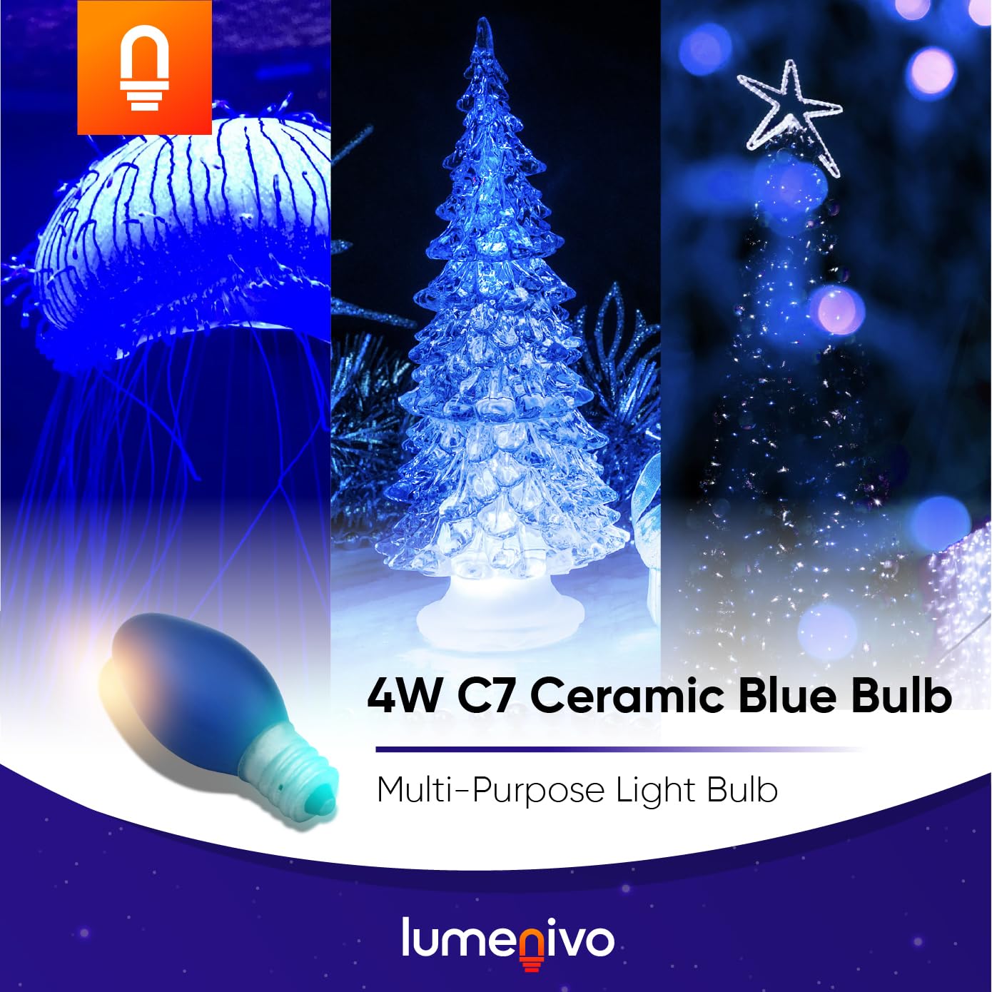 lumenivo 4W Replacement C7 Ceramic Blue Bulb 120V Incandescent Light Bulb for Holiday Decor, Small Night Light, Baby Showers, Christmas Bulbs - E12 Candelabra Base - 2 Pack