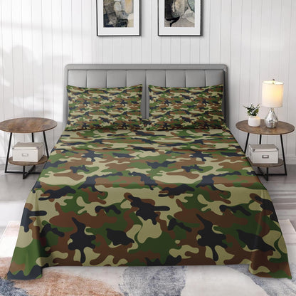 Pamnest Full Size Bed Sheet Sets, Camouflage Army Military Soft Microfiber 4 Pcs Bedding Sets for Kids and Adults Bedroom Bed Decor, Woodland Green Brown Camo Flat, Fitted Sheet and 2 Pillowcases