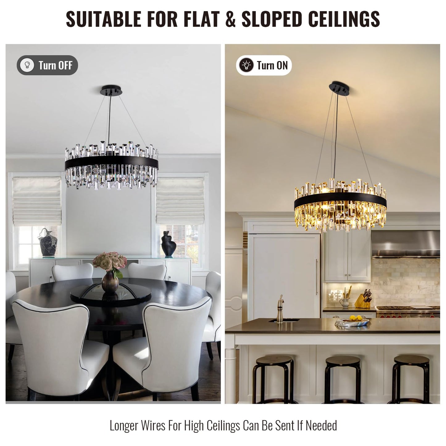 Siljoy 23.6'' Modern Crystal Chandelier, Luxury 2-Tiers Raindrop K9 Crystal Adjustable Flush Mount Hanging Ceiling Light for Dining Living Room Kitchen Entryway Foyer, E12 x 12, Matte Black