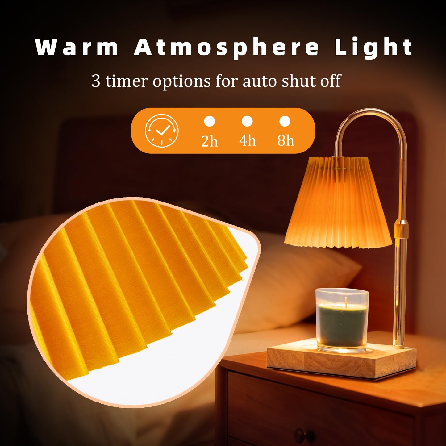 Candle Warmer Lamp with Timer Dimmable,Wax Warmer Lamp with Pleated lampshade,Height Adjustable Candle Warmer with 2 Bulbs,Gifts for Women Mom,House Warming Gifts New Home Bedroom Decor