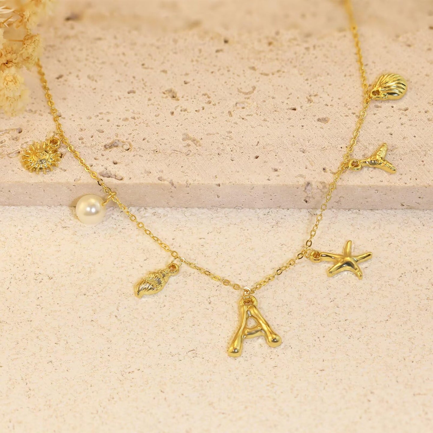 JALZEMPL Initial Charm Necklace For Women Shell Seashell Summer Beach Letter 14K Gold Plated Pendant Starfish Surfer Boho Jewelry Gifts (H)