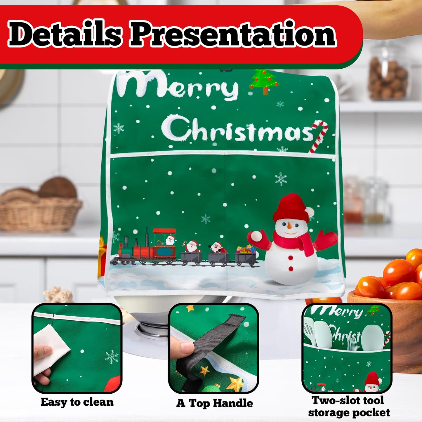 FBBP Christmas Stand Mixer Cover - Compatible with 6-8 Quart for Kitchen Appliance - Santa Claus and Snowman Dust Cover with Pockets for Accessories Xmas Home Kitchen Decor