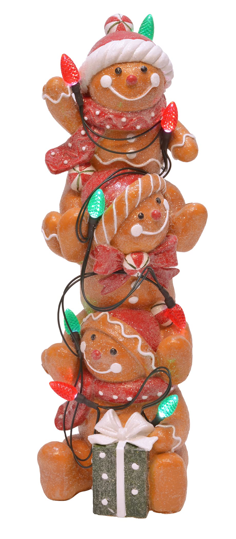 Mark Feldstein & Associates Holiday Stacked Gingerbread Men Tabletop Figurine Decor with LED C7 Bulbs, 12 Inch