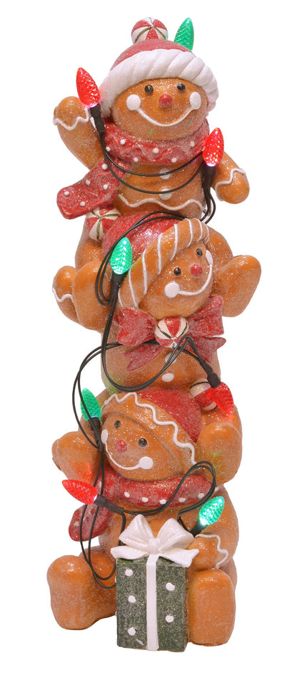Mark Feldstein & Associates Holiday Stacked Gingerbread Men Tabletop Figurine Decor with LED C7 Bulbs, 12 Inch