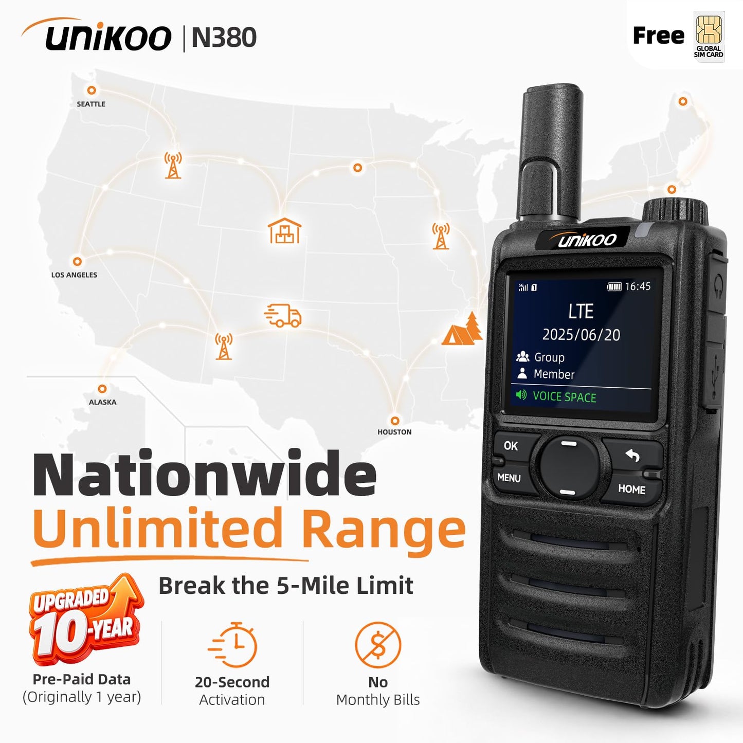 (10 Years Free Data Plan)Walkie Talkie, Rapid Nationwide Long Range, Global Unlimited Long Distance Two Way Radio, 4G LTE POC,with SIM Card for Team Management Family Logistics Security Outdoor-2 Pack