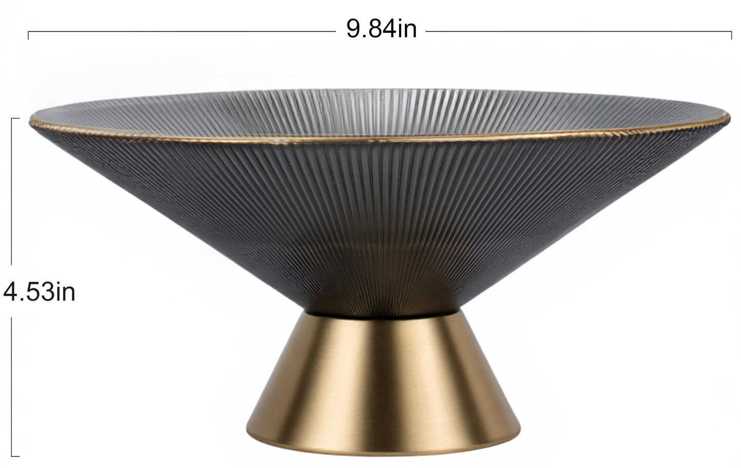Tapered Glass Decorative Bowl(Gray), 9.8 Inches Handblown Striped Glass Bowl with Gold Trim and Rust Resistant Metal Base,Decor Fruit Bowl for Home Decor,Table Centerpiece,Kitchen Island,Dining Decor