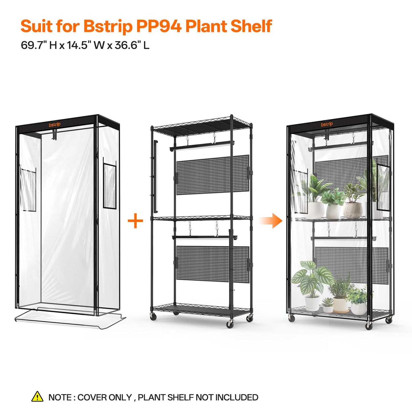 Bstrip Plant Cabinet with 3-Tier Shelf & 36.6"x14.5"x69.7" Greenhouse Cover Replacement with Base Tray – Indoor Transparent Plant Tent for 35.4"x13.8"x71" Shelf, 4x96W Grow Lights