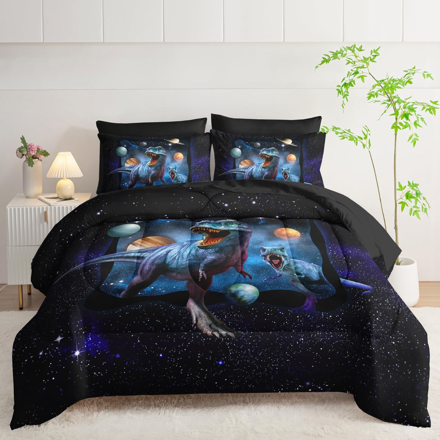 AILONEN Kids Dinosaur Comforter Set Queen Size,7Pcs Space Galaxy Bed in a Bag,Planet Dinosaur Bedding Print Boys Comforter & Fitted Sheet & Flat Sheet & 2 Pillowcases,2 Pillow Shams