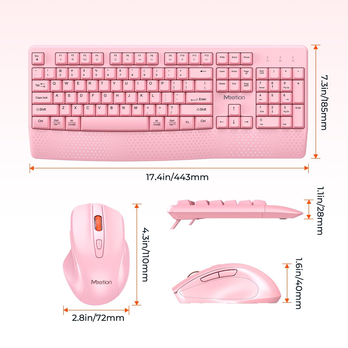 MEETION Wireless Keyboard and Mouse, Full-Sized Cordless Keyboard with Wrist Rest and 3 DPI Adjustable Mouse, Keyboard and Mouse Set with 2.4GHz USB Receiver, for PC/Computer/Laptop/Windows/Mac, Pink