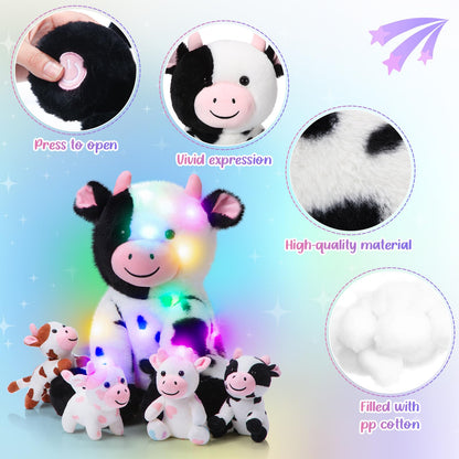 Sumind 5 Pcs Cow Stuffed Animal Set 13.78 Inch Mommy Cow Plush Toy with 4 Baby Cute Calf in Her Tummy Large Stuffed Animals with Babies Inside for Christmas Toddlers Girls(LED)