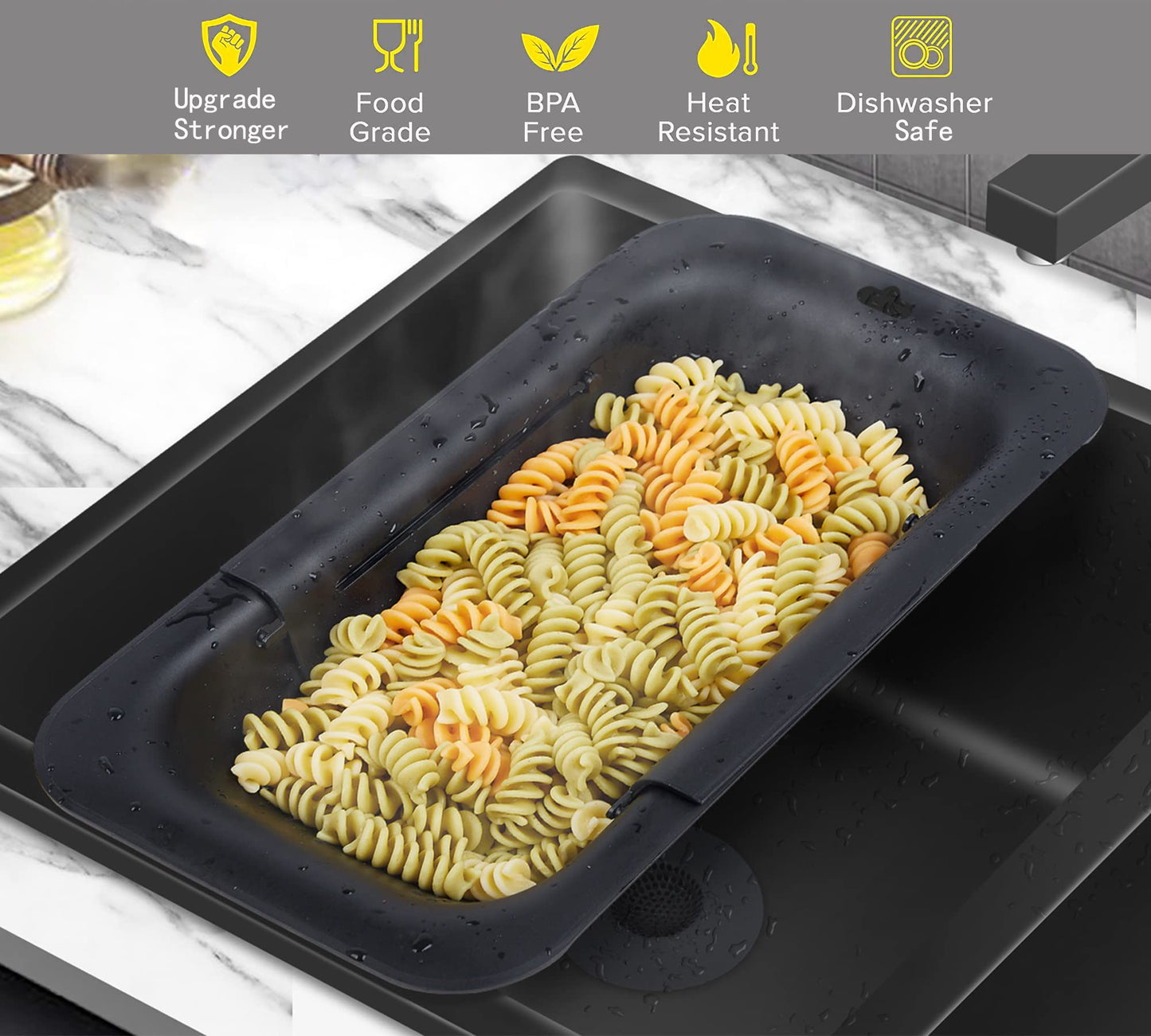 Adjustable Over the Sink Colander Strainer, Silicone Clip On Strainer for Pots Strainers and Plastic Colanders Drainer Basket for Food Pasta Vegetables Kitchen, Extendable 14.5"-19.5", Green